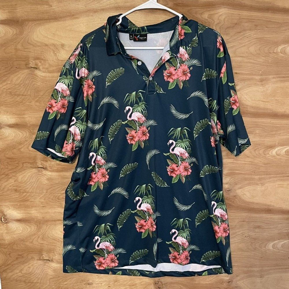 YATTA Golf Polo Shirt Mens XL Green Pink Flamingos Floral Palms hibiscus